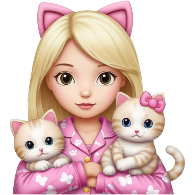 Blonde girl wearing pink Hello Kitty pajamas with two ragdoll cats emoji