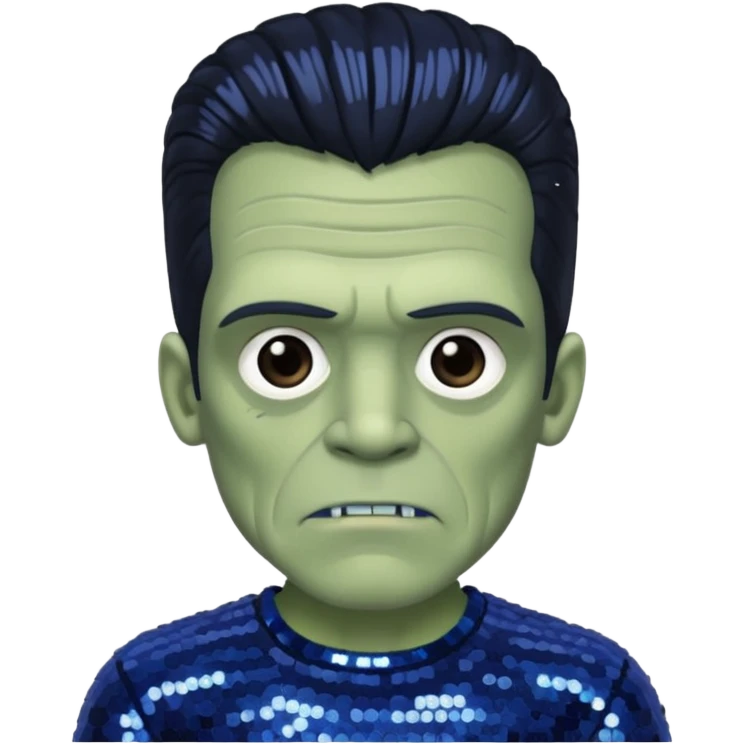 Frankenstein from Van Helsing with black hair, grey skin dark blue sequin outfit emoji