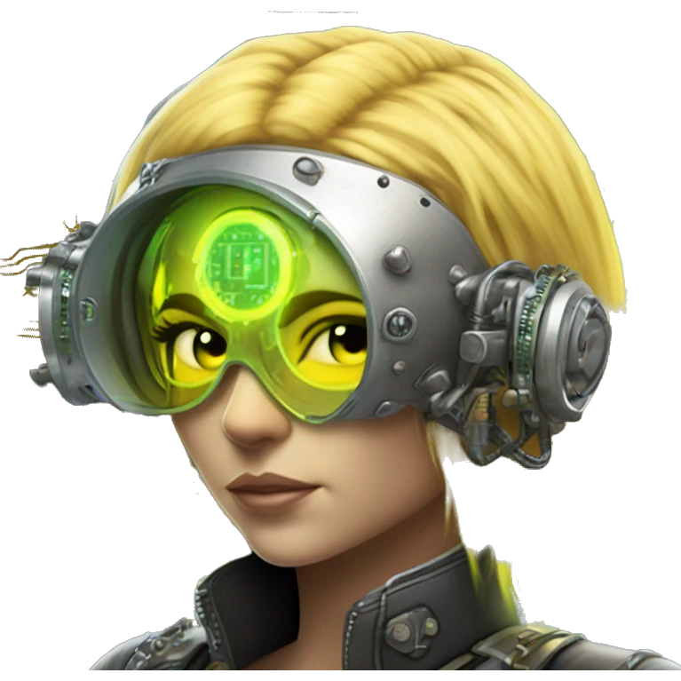 Caucasian female cyborg head with Neon yellow bobbed hair, silver steampunk goggles and circuits emoji