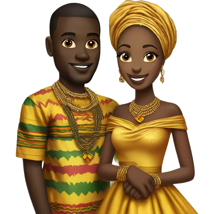 Ghanaian bride and groom. Gold jewelry with kente off shoulder dress. Kente Cloth emoji