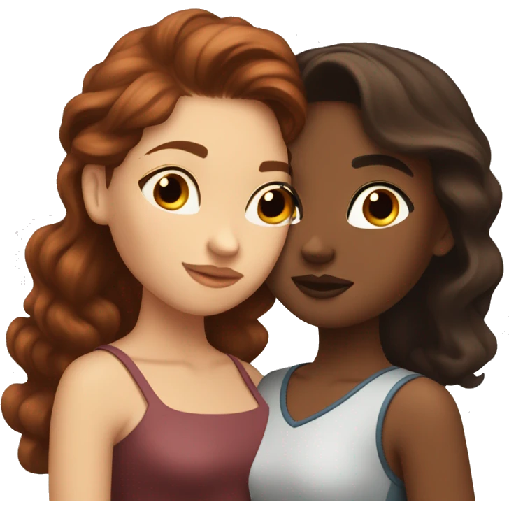 dark red haired girl kissing curled brunette hair girl they’re both white but the brown haired girl is a bit tanner  emoji