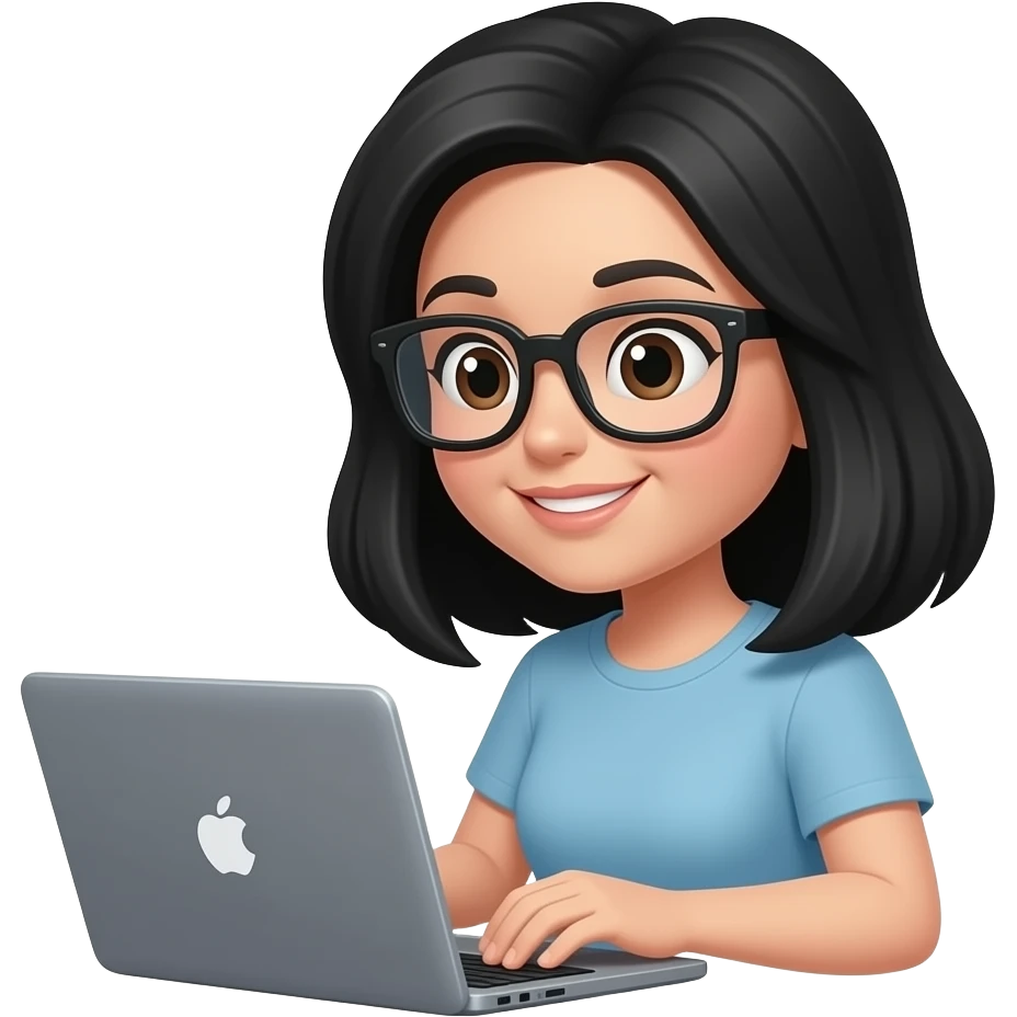 apple genmoji style image of a female developer with black decent hair working with a laptop, frontfacing emoji