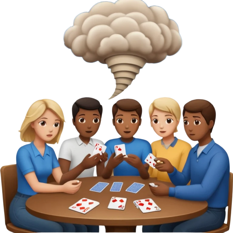 people sitting around a game table with a tornado emoji