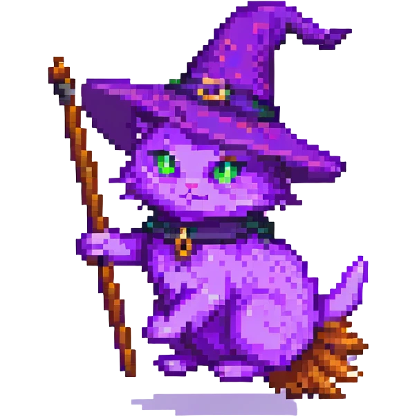 A purple witch cat, pixel art style, flying on a broom. emoji