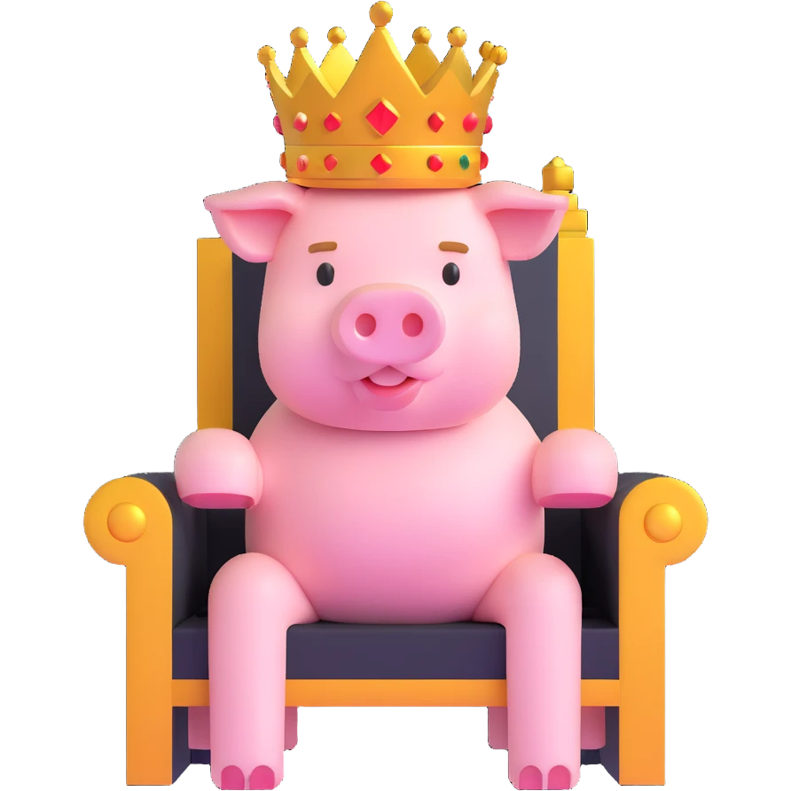 Minecraft style pig with a golden crown sitting on a throne, inspired by Technoblade emoji
