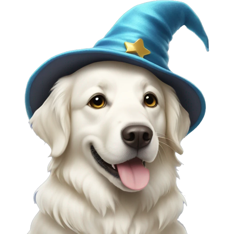 White Golden retriever wearing a wizard hat emoji