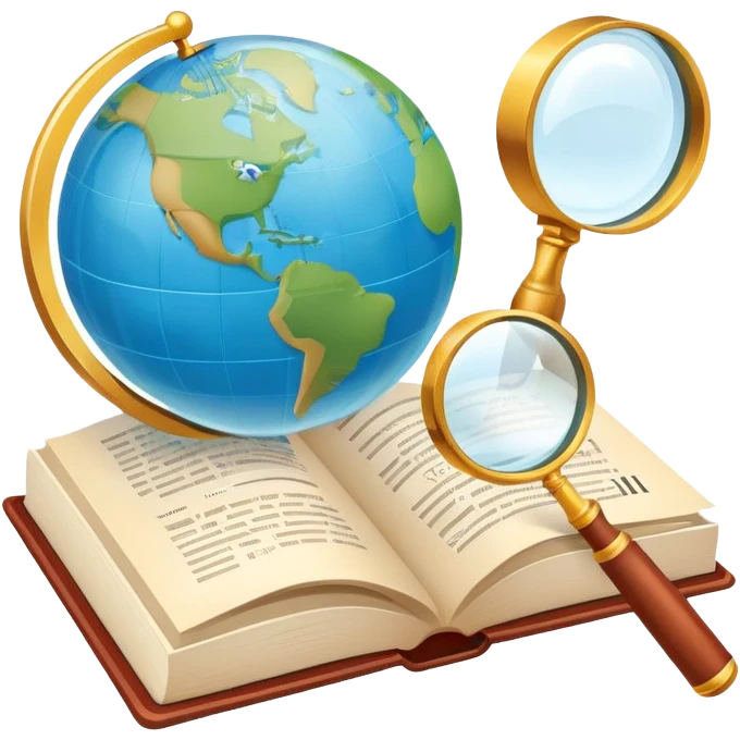 An icon featuring an open book, a speech bubble, and a magnifying glass, symbolizing philology and linguistics. The design includes language symbols, a globe, and alphabet letters, representing the study of languages and their structures. Transparent background  emoji