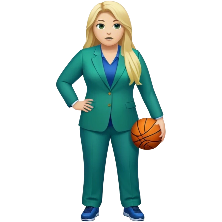 Full Body white plus size female basketball head coach with long blonde hair in a blue and green suit emoji