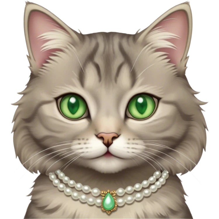 fluffy grey tabby cat with green eyes, white tummy, and a pearl necklace  emoji