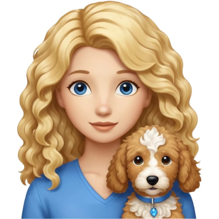 Long blonde hair, blue eyed woman with wavy blond goldendoodle emoji