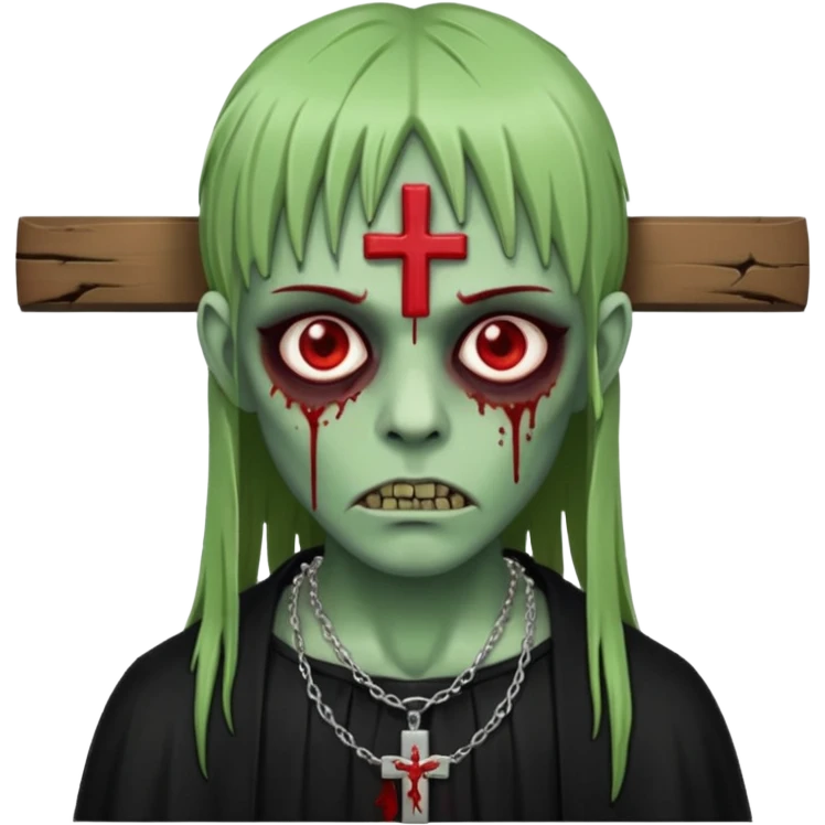 zumbi verde com olhos vermelhos sangrando e franja roupa preta e um crucifixo como colar emoji