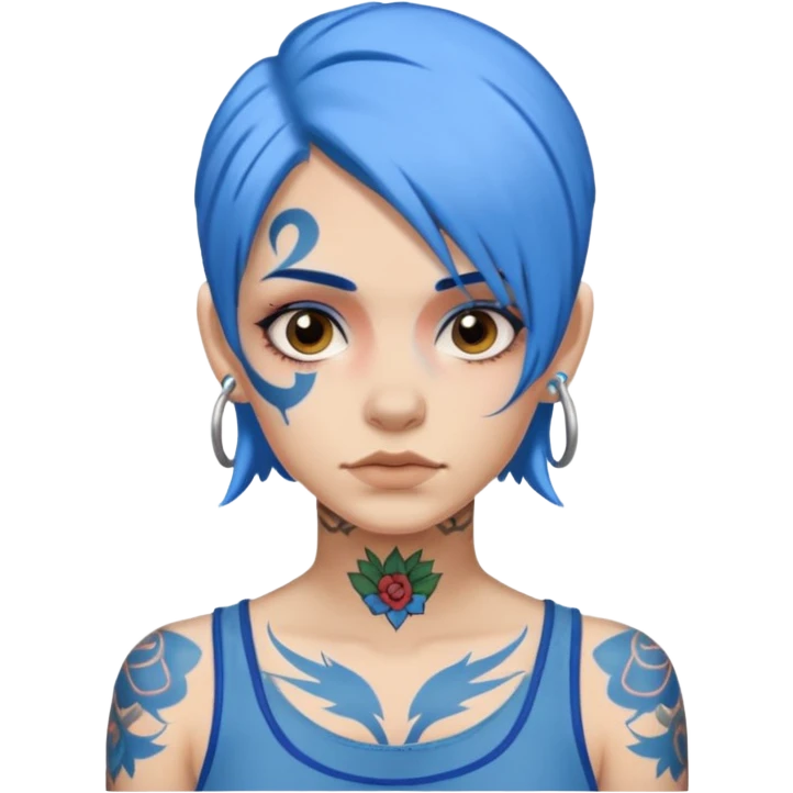 woman with blue hair and a face tattoo with neutral expression emoji