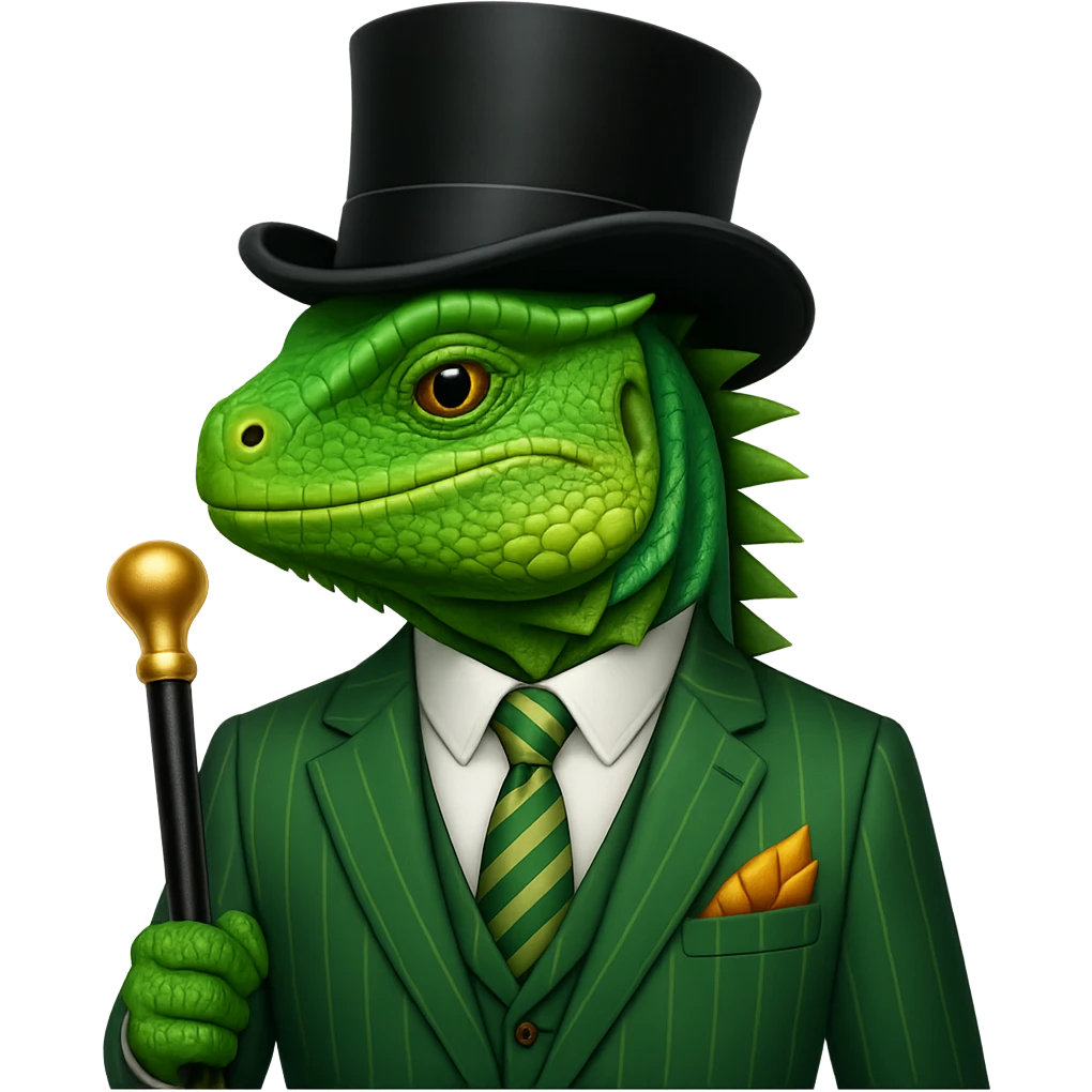 Add a top hat and cane to the iguana in a pinstripe suit in the style of apple emojis. Keep the apple emoji style consistent with the original image. emoji