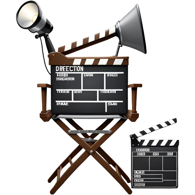 Icon for Directing: a director's chair, a film slate, a megaphone, and a stage set with lights. The icon should represent the creative and leadership aspects of directing, with focus on film and theater production. Transparent background. emoji