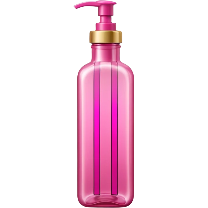 A tall, translucent bottle in a vibrant pink shade with a glossy finish. It has a rectangular shape with rounded edges and a thick base. The pump-style cap is metallic pink. In the center, there are curved graphic elements and vertical lines, with text in white and gold. emoji