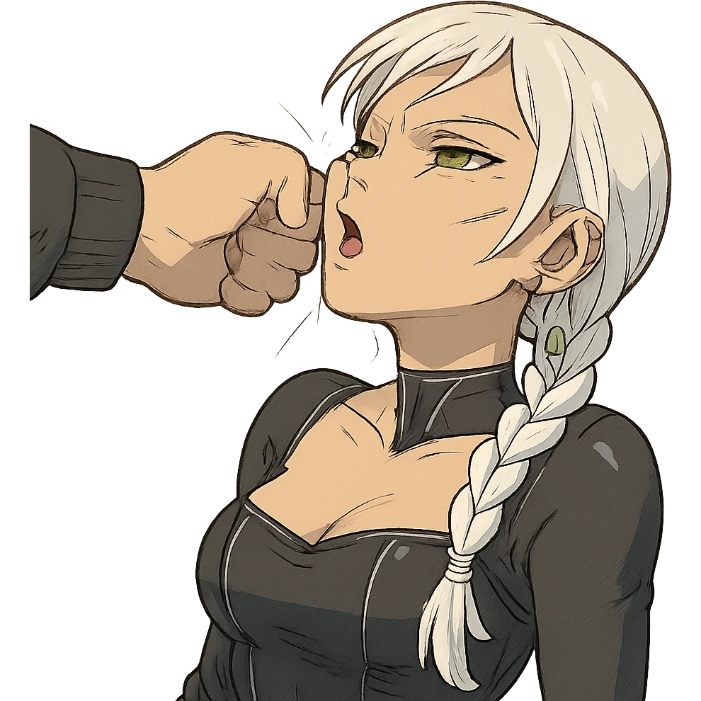  she is getting punched in the face, facepunch, her head is tilting back, a closeup portrait of young woman with gold yellow eyes, white hair, long braid, black off-shoulder top d-cup, punk gothic style, futuristic cyberwave cyberpunk, sitting position
 emoji