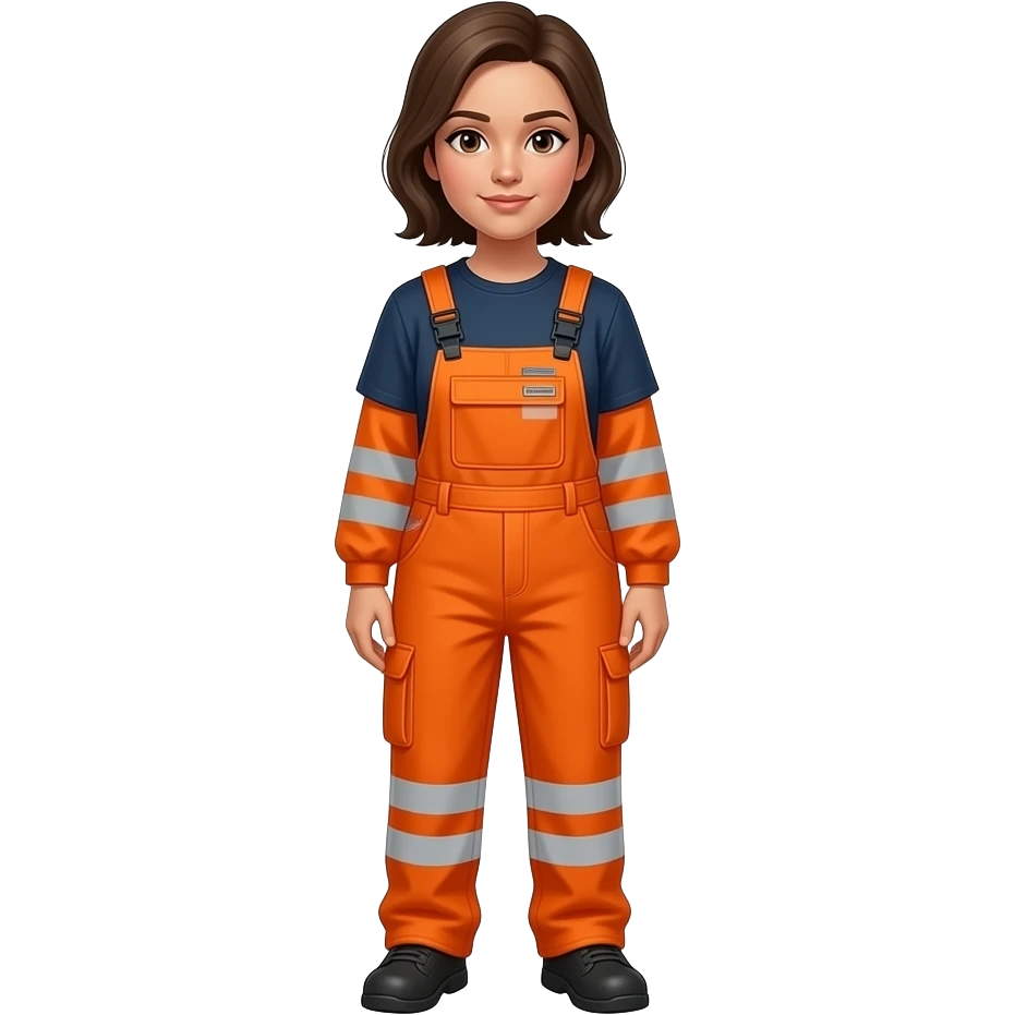 woman, standing in full orange hi-vis overalls with sleeves, looking down emoji