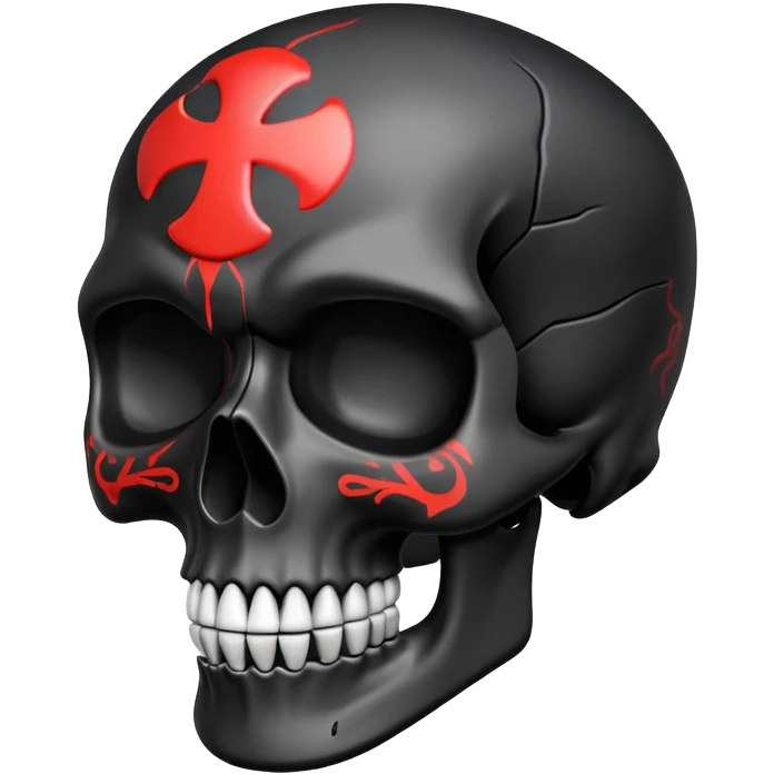 smooth black skull with rebellious graffiti and brand logos, slightly tilted angle emoji