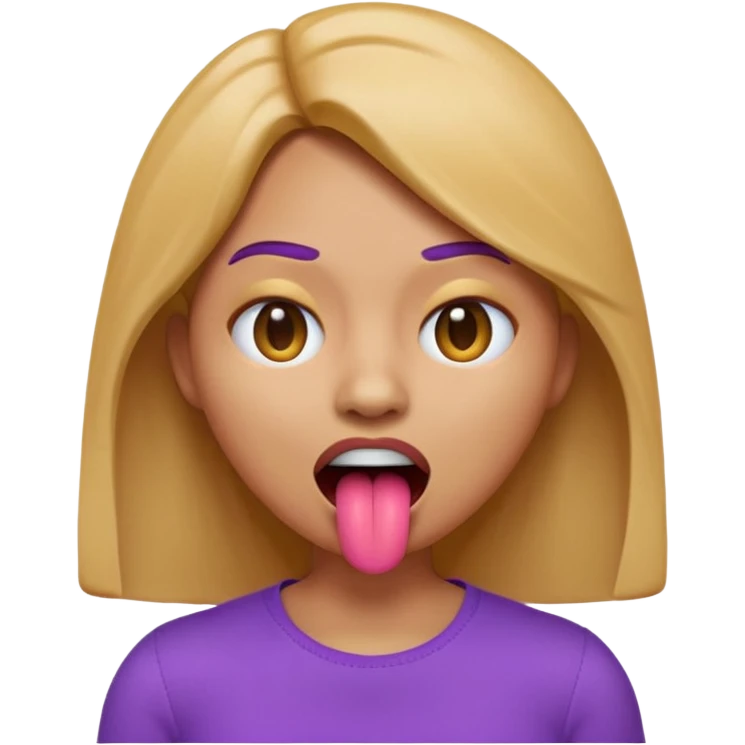 A 3D emoji-style woman with a dead-face vibe: X-shaped crossed-out eyes, mouth open with tongue sticking out slightly, lifeless cartoon expression. She has light caramel brown skin, smooth glossy emoji texture, rounded face, shoulder-length hair, wearing a purple top. emoji
