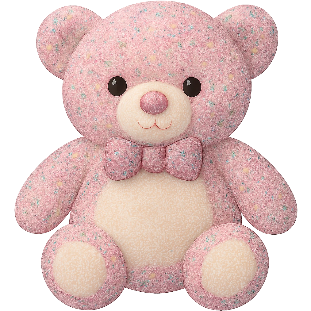 Change the glitter on the teddy bear and bow tie to multicolored glitter, keeping the pink and white fur, flat lighting, no shadows or background, soft plush look, maintain transparency. The style should reflect a soft plush teddy bear with a transparent background and no shadows. emoji
