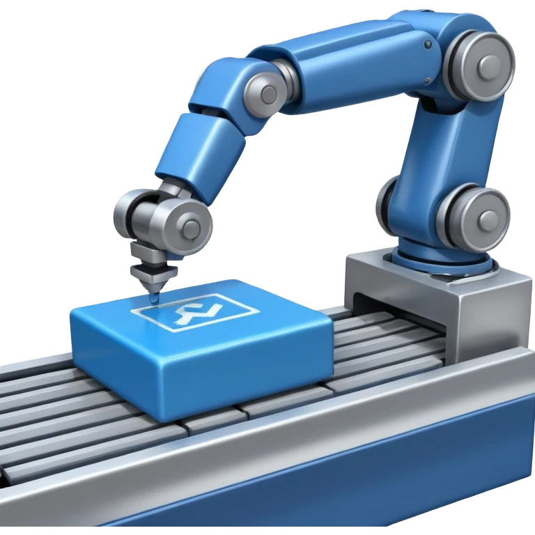 robot arm which is picking blue block on conveyor belt emoji