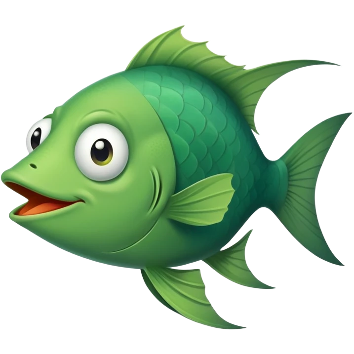 super derpy green fish with droopy eye and goofy overbite, perfect flat side profile facing right, exactly 90 degrees, completely 2D like a paper cutout, only one eye visible, absolute side view emoji