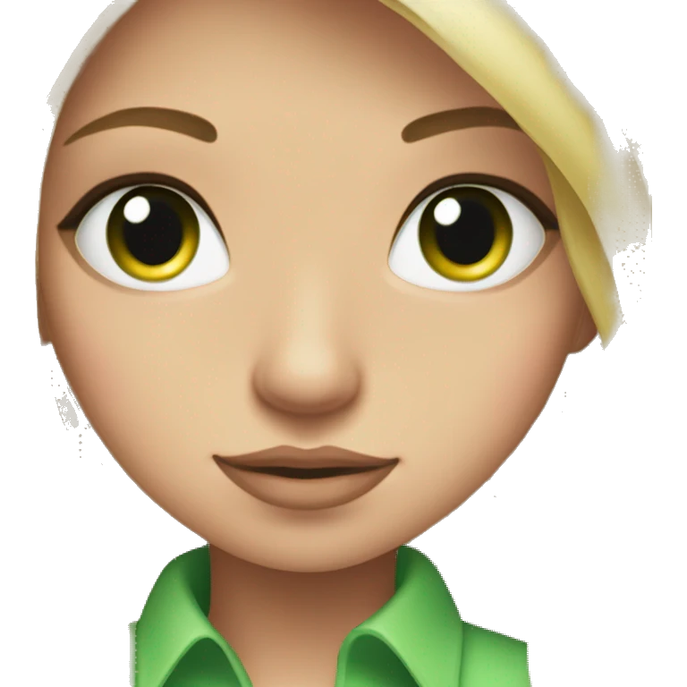Pretty long blonde hair, green eyes, long eyelashes and a pink shirt emoji