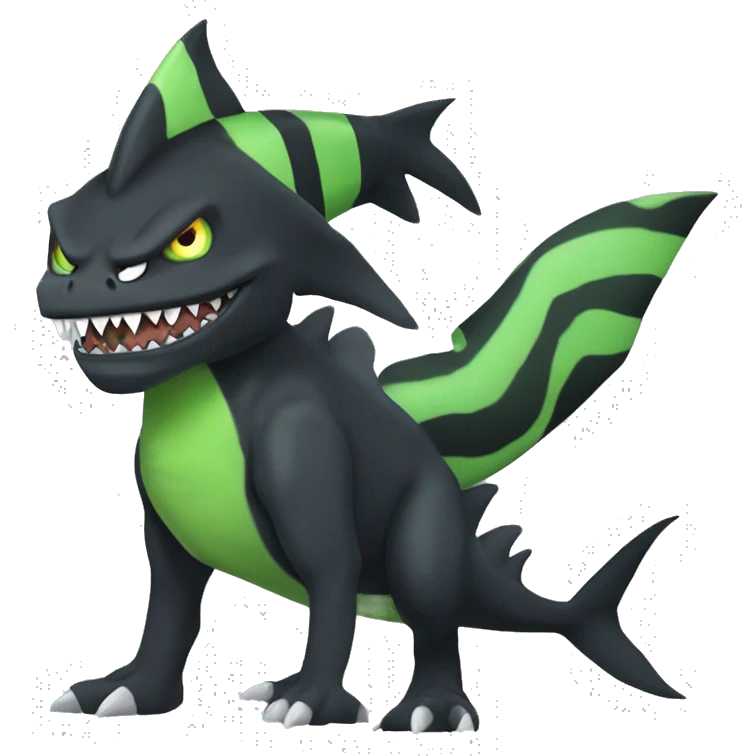 Digimon-Fakémon, horns, black body, green mane, anthro, furry, shark, black skull face, black skull mask, green stripes, tufted tail, full body, shark, creature, vernid, emoji