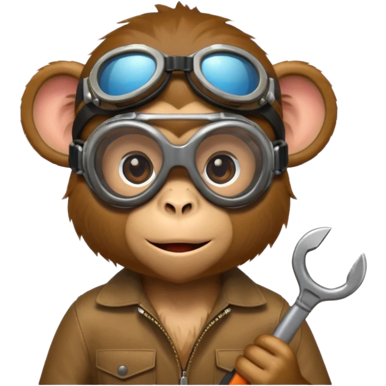 Curious monkey with goggles, holding a wrench or small gadget. emoji