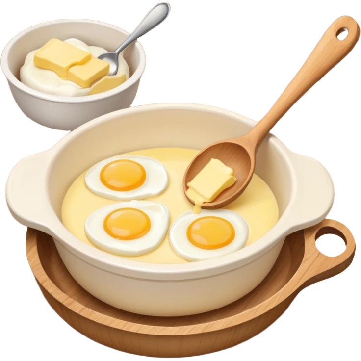 A cream ceramic baking bowl with a wooden spoon in it, a carton of eggs and butter emoji