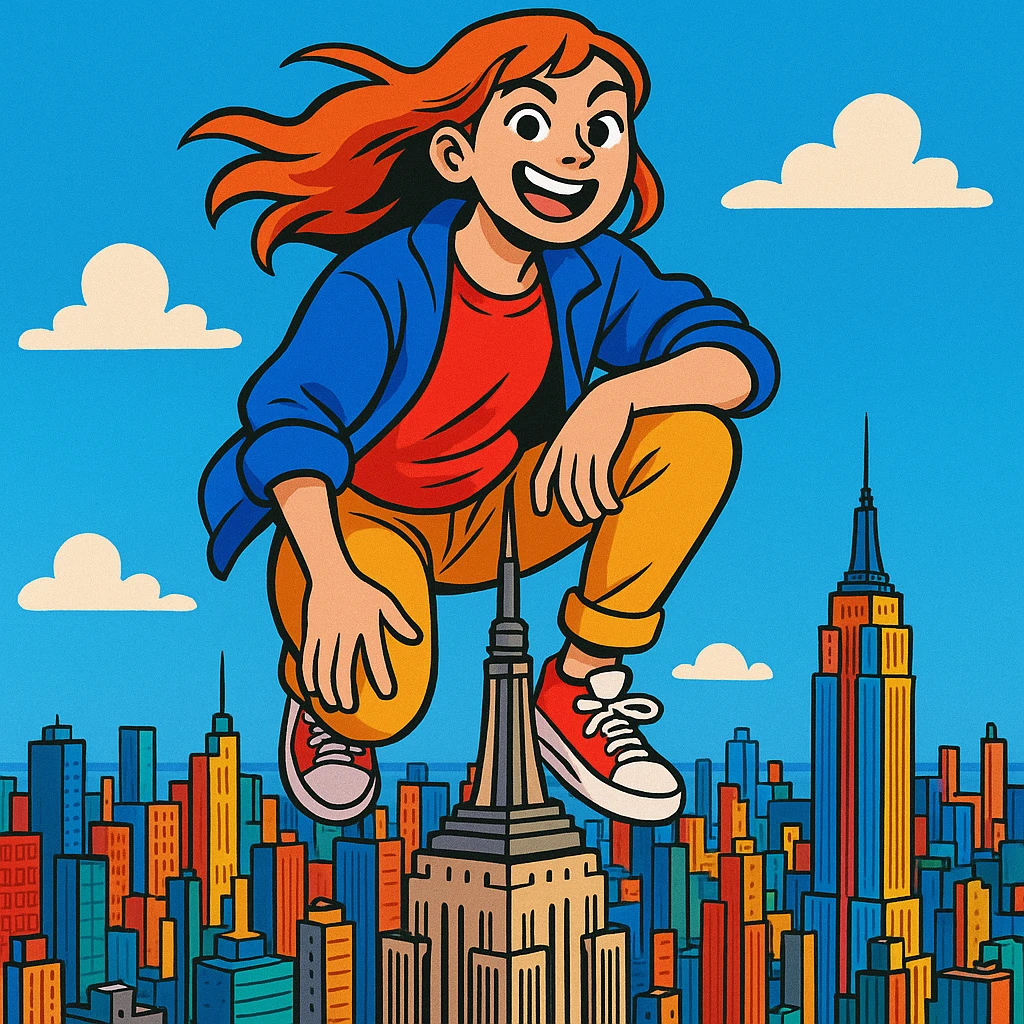 a girl squatting on top of the Empire State Building, city skyline in the background, playful and bold composition emoji