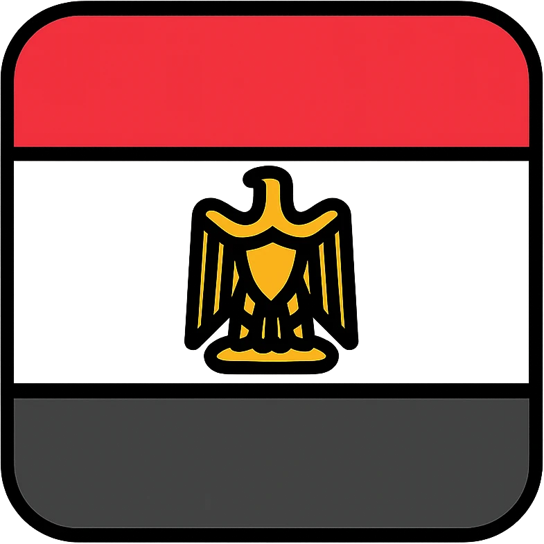 the flag of Egypt, flat design, clear red, white, and black stripes, golden eagle emblem in the center, no text emoji