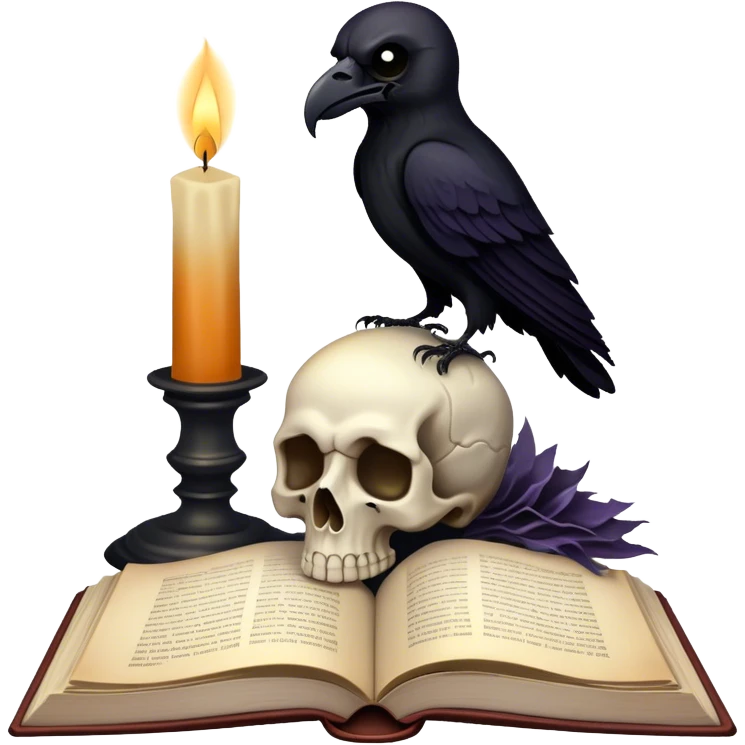 Icon for Horror and Mystery Reading: an open book with eerie shadows and mist rising from the pages, a candle, a skull, and a raven perched nearby. The icon should evoke the suspense, fear, and supernatural atmosphere of horror and mystery stories. Transparent background. emoji