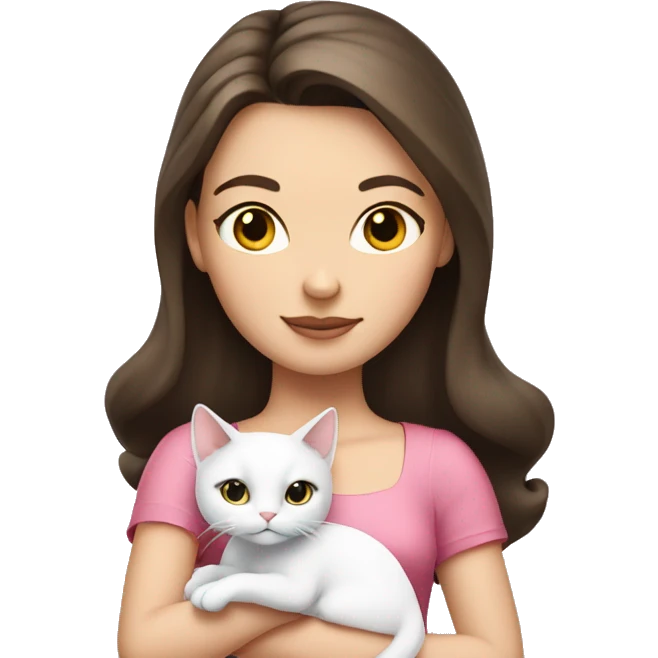A brunette white girl with pink dress holding a white cat emoji