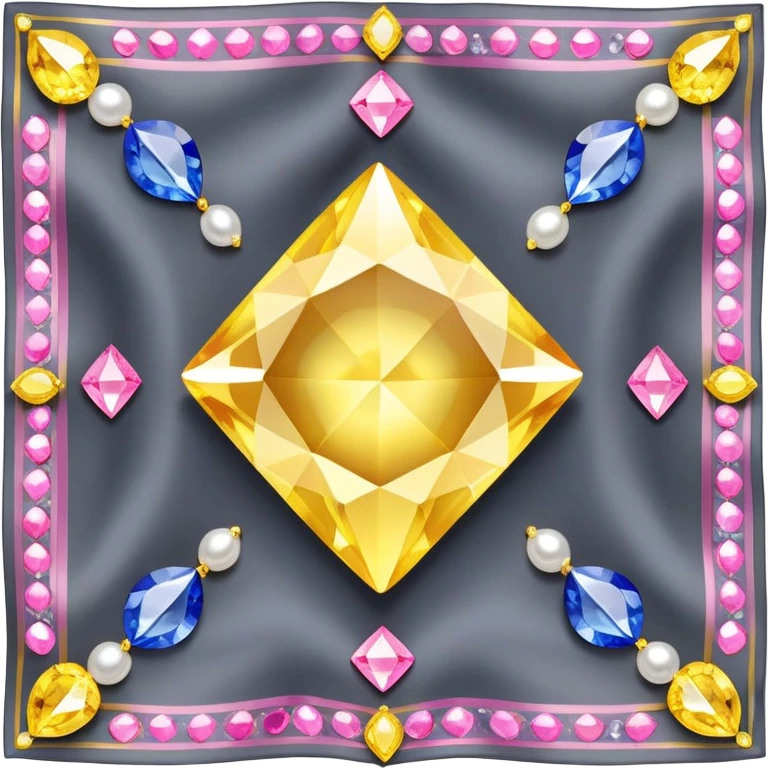 Gems, pearls, yellow diamonds, pink diamonds and sapphire gems on a dark grey silk scarf  emoji