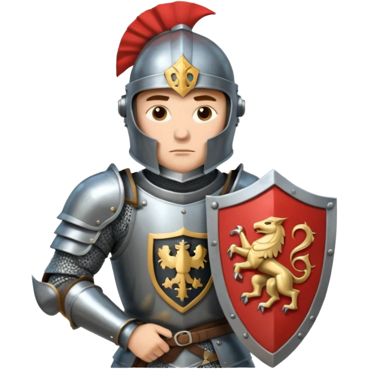 An emoji portrait of a medieval knight. He wears a suit of armor with a stylized helmet. His expression is serious and determined, and he holds a shield with a family crest. emoji