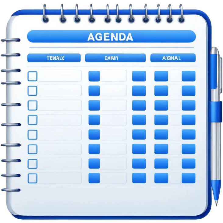 An open daily planner showing agenda items with checkboxes for a meeting emoji