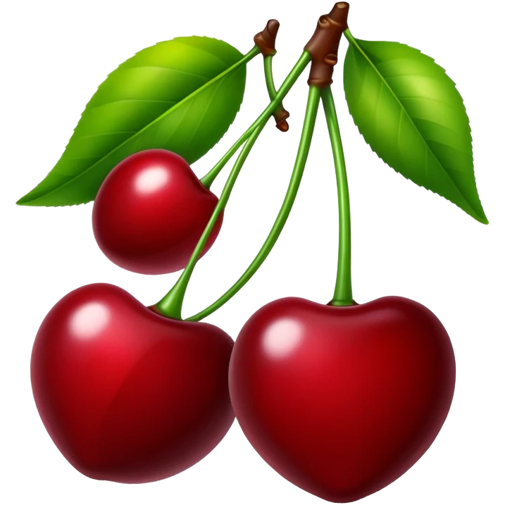 Pair of vibrant deep red cherries with green stem, fruit emoji