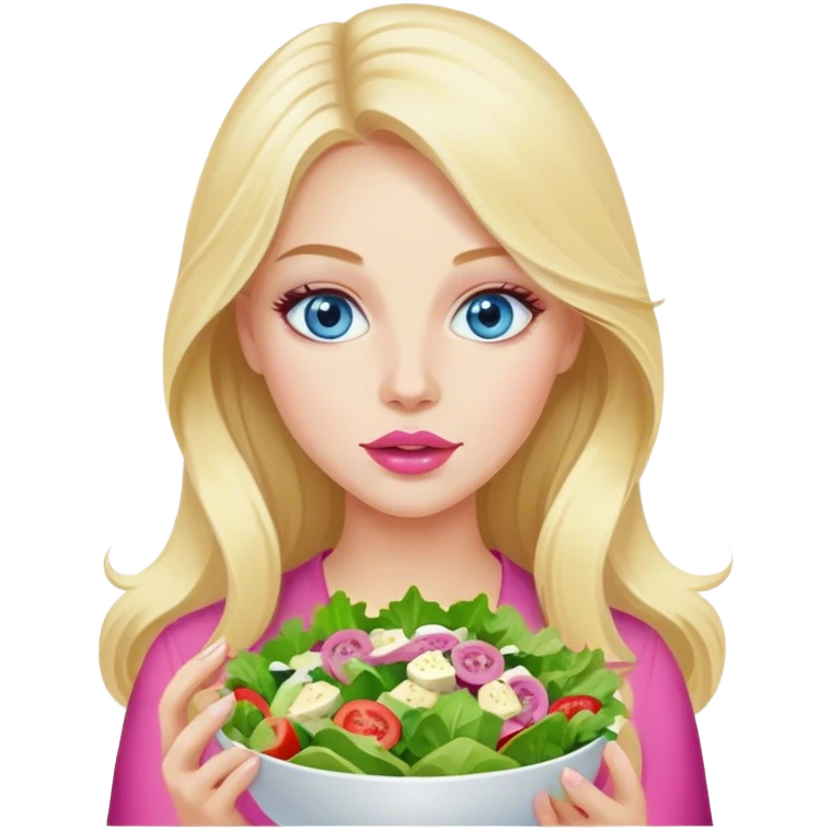 Cinematic realistic blonde with long hair, blue eyes and pink lips eats salad emoji