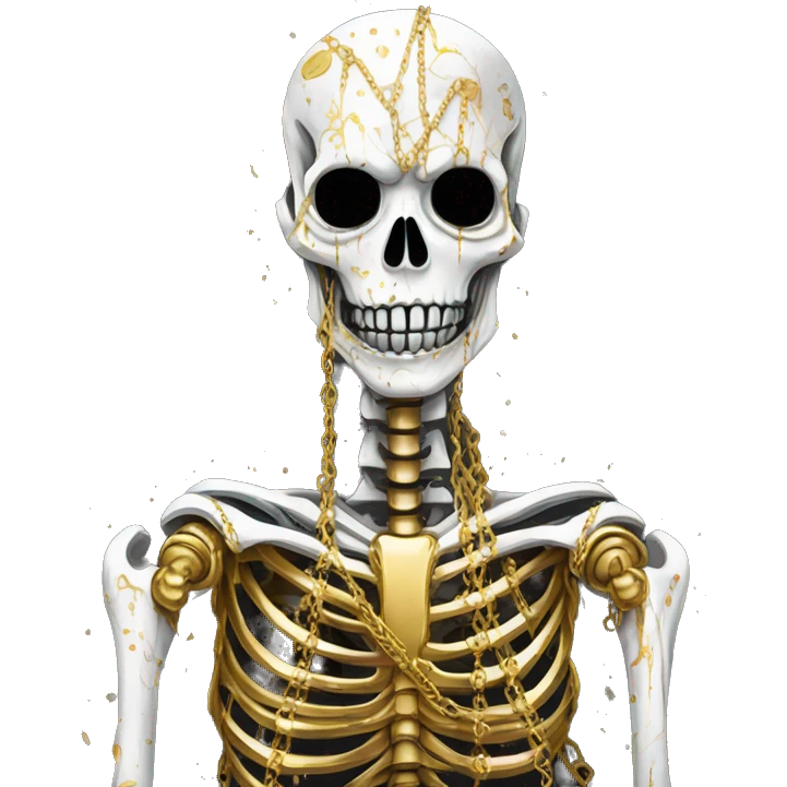 White skeleton zombie person covered in golden chains and black graffiti scribbles and red and silver doodles snowing snowflakes emoji