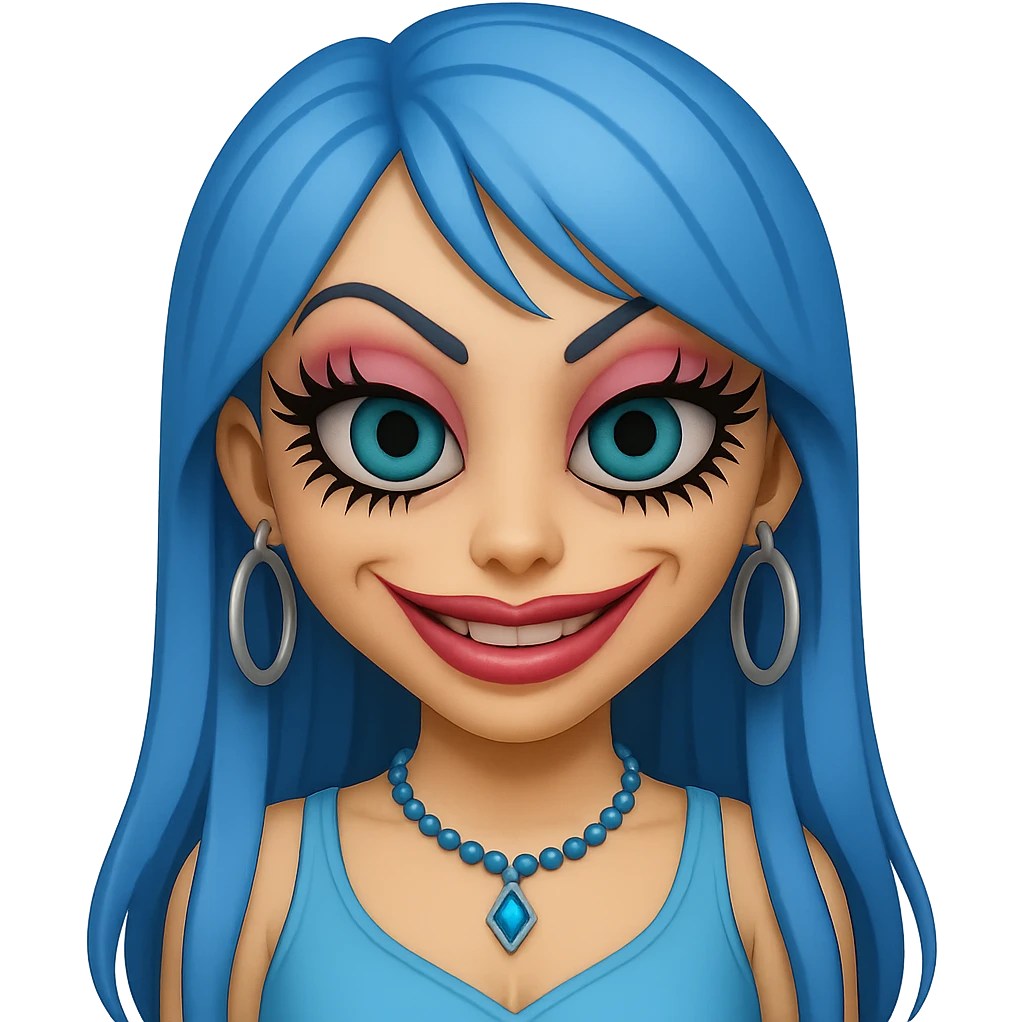 Make the character look creepy while keeping the gyaru style, blue hair, pretty makeup, and bratz baddie vibe. The style should resemble emoji style with no background. emoji