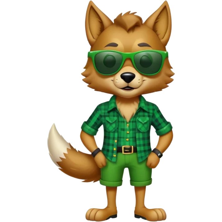 full-body friendly anthropomorphised wolf in green plaid shirt and green attire for St. Patrick's Day, wearing dark sunglasses, festive pose emoji
