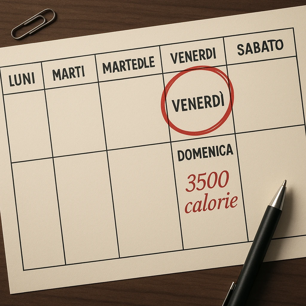 Hyperrealistic top-down view of a weekly calendar in Italian, showing days from Monday to Sunday. Friday is circled in red. Below both Saturday and Sunday, the text '3500 calorie' is in red italic. The scene has 4K details and a desk atmosphere. emoji