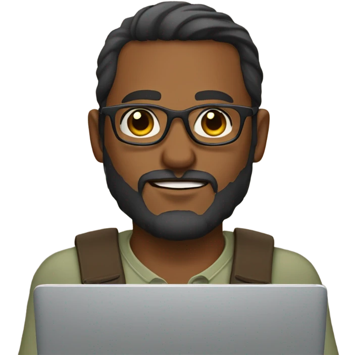 Man working on a laptop brown boy dark skin with glasses and beard emoji