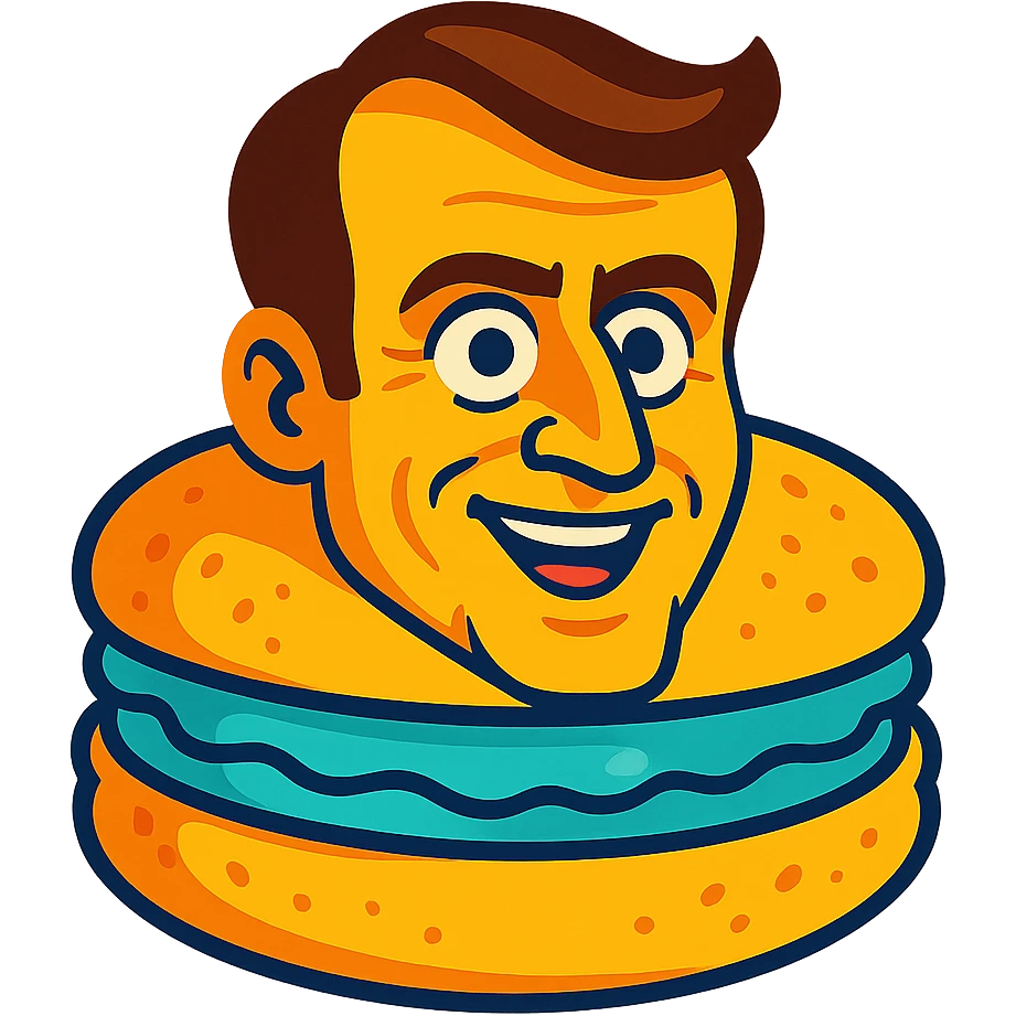Emmanuel Macron transformed into a macaron with an expressive face, vibrant colors emoji