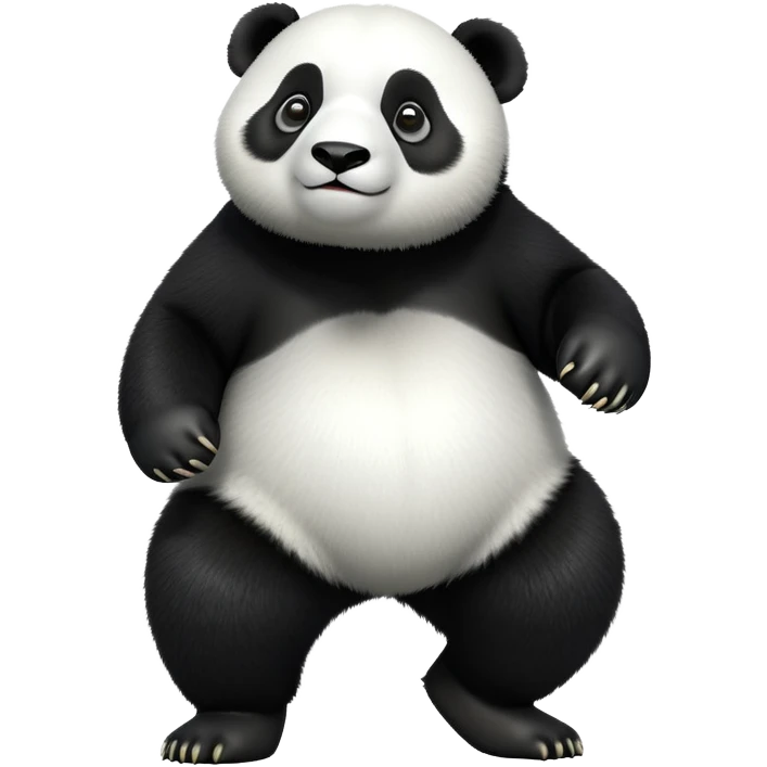 cinematic-[panda bear]-realistic-full-body-standing on all fours-emoji,-tail-tucked-close,-head-tilted-dramatically,-thick-[black and white]-fur,-simplified-yet-realistic-focused-features,-highly-detailed,-glowing-with-an-almost-sarcastic-glow emoji