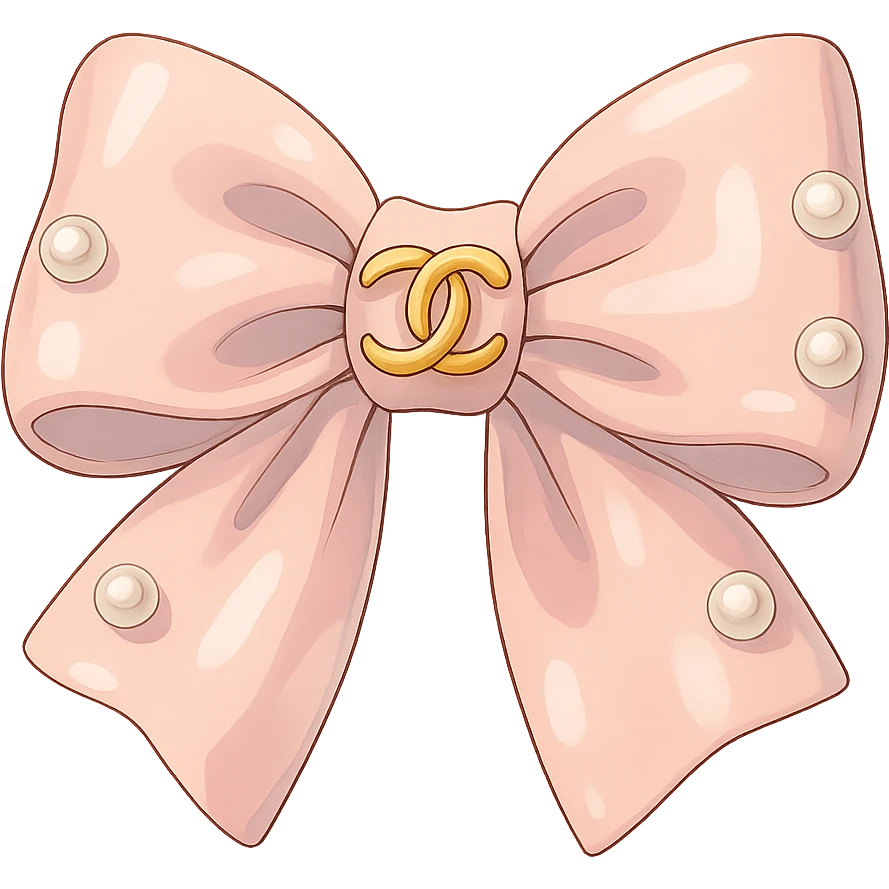 elegant bow with pearls and gold Chanel logo, glossy, pastel colors emoji
