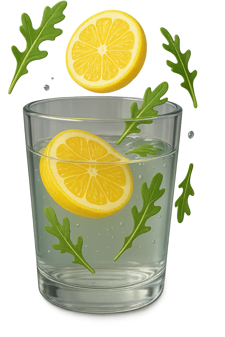 emoji stile iphone 3d di un bicchiere di acqua con limone e qualche foglia di rucola che fluttua intorno in aria, iperrealistico 4k emoji