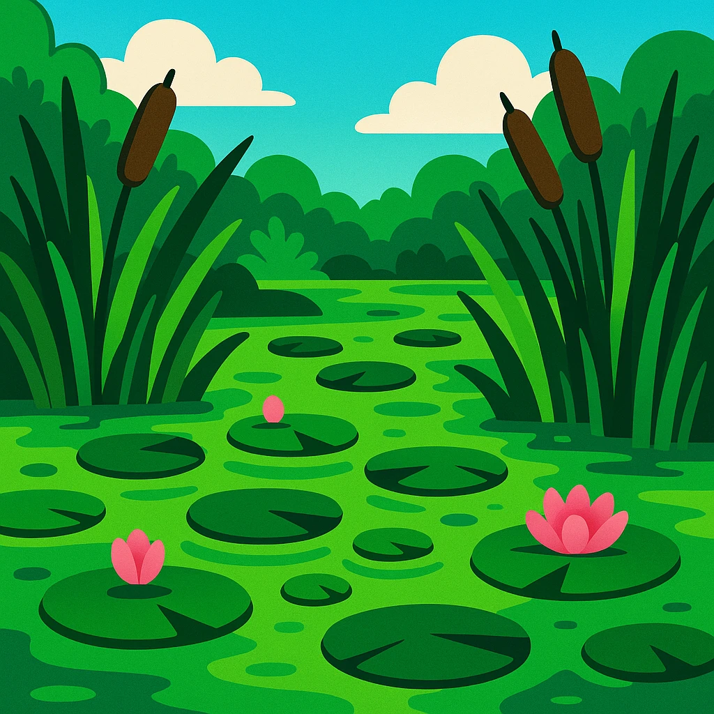 lush green swamp with lily pads and reeds, vibrant cartoon style emoji