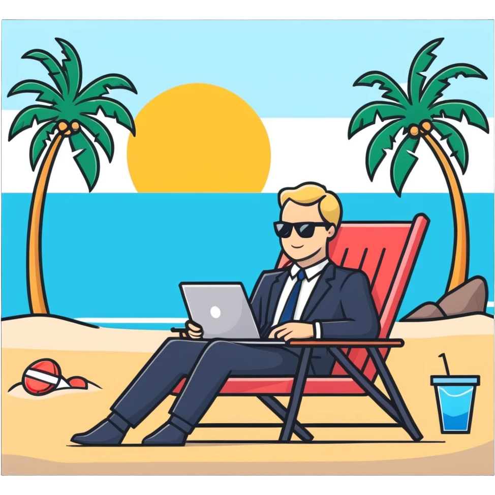 blonde man in business suit sitting on beach chair, vacation setting with palm trees emoji